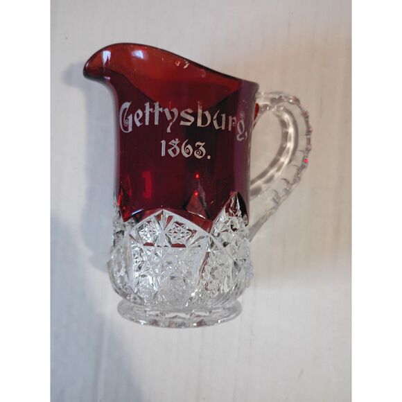 Gettysburg 1863 Civil War Ruby Stained Glass 4" EAPG Near Cut Pitcher Creamer - Picture 1 of 6